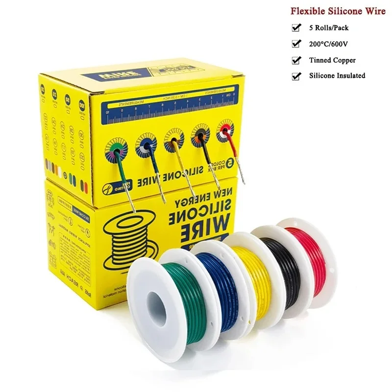 Heat Resistant Flexible Silicone Wire 5 Colors Mix Kit 30/28/26/24/22/20/18/16AWG Stranded Cable Electrical Tinned Copper Wires