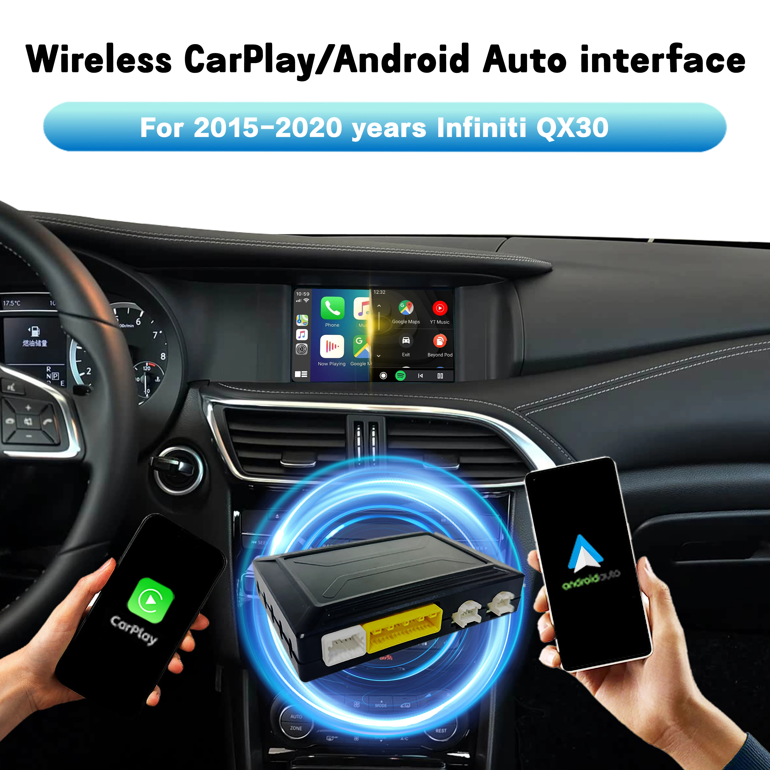 Wireless CarPlay Android Auto Interface for 2015-2020 Infiniti QX30 Multimedia Video Navigation Upgrade Retrofit Module