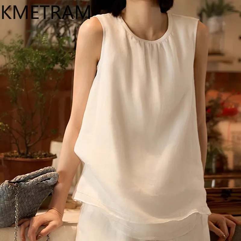 

KMETRAM 100% топы на бретелях Ramie для женщин, модные женские футболки без рукавов, высококачественные топы с круглым вырезом, Femme, лето 2023 г.