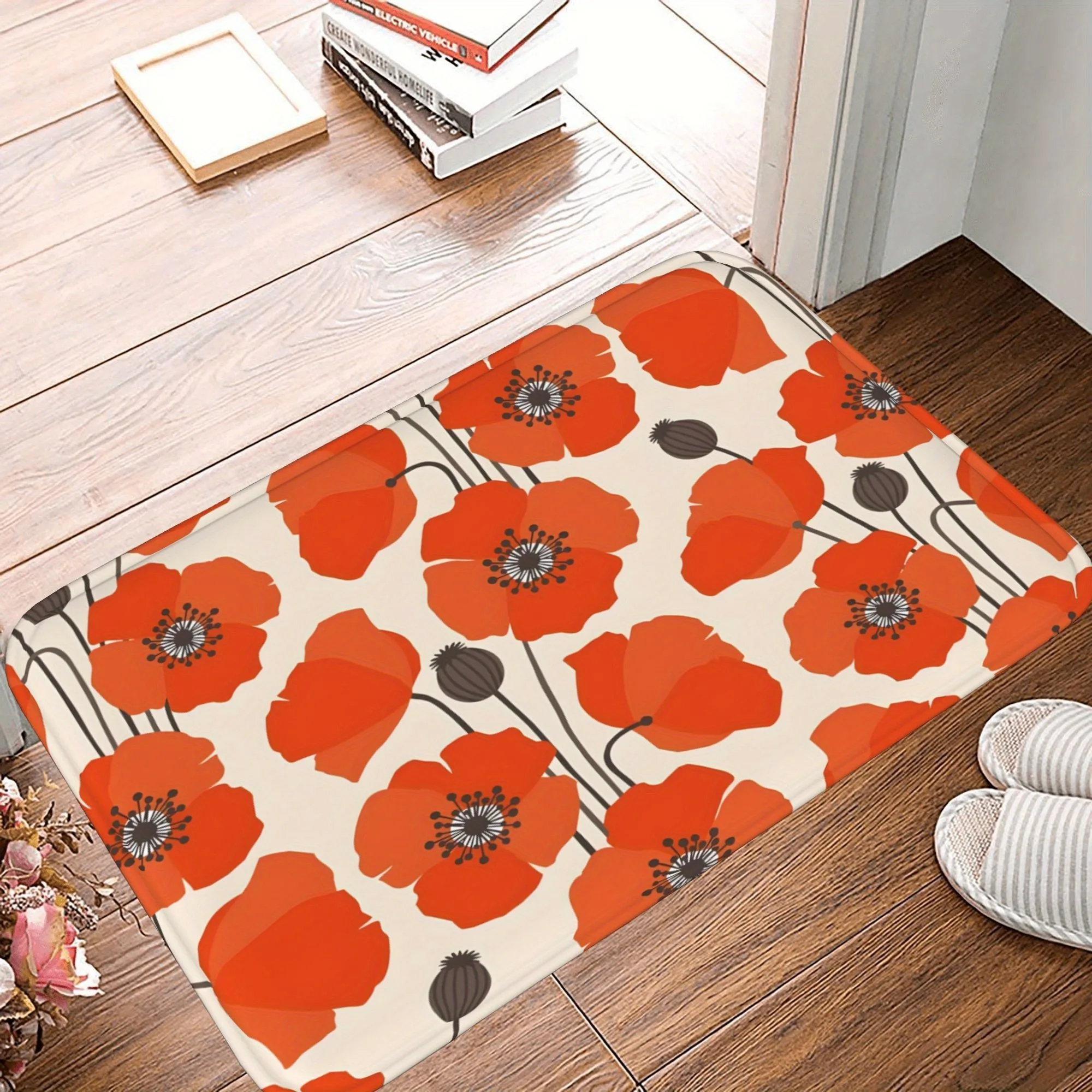 

1PC Red Poppy Flowers Kitchen Rug Non-Slip Door Mat Pop design Bathroom Rug Bath Mat Carpet for Home Sink Laundry Decor