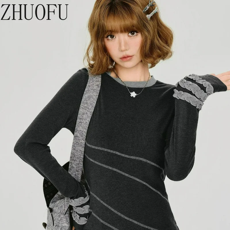 American Retro Dark Gray Fungus Edge Women's Long-sleeved T-shirt 2026 Autumn New Slimming Y2k Versatile Bottoming Shirt Ladies