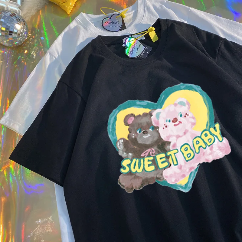 Cute Bear T-shirt Kawaii Cartoon Tops Summer T Shirt Street Harajuku Tees Y2k Clothing Wear TshirtMen's Women's Short Sleeves