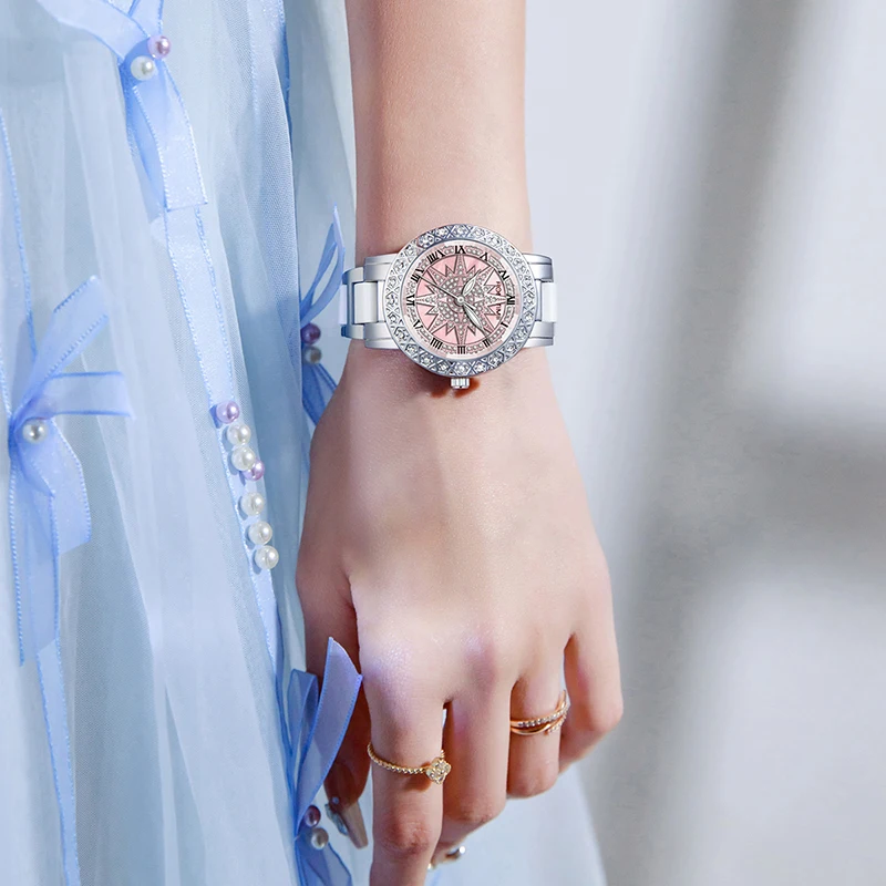 ROMITIME Mulheres Relógio de Quartzo Luxo Rotativo Padrão de Floco de Neve Caixa de Aço Inoxidável 30M Relógios Luminosos À Prova D 'Água para Senhora