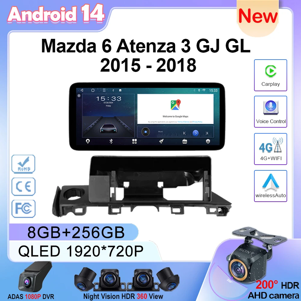 12.3 Inch Android 14 For Mazda 6 Atenza 3 GJ GL 2015 - 2018 Carplay Android Auto Radio Stereo Multimedia Player GPS Navigation