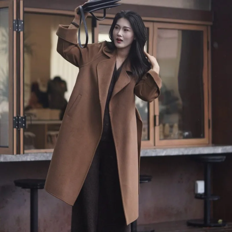 

Autumn Winter Double-Sided Velvet Coat Medium Long Korean Version of Lnternet Celebrity Fashion and Thin Woolen Coat Temperament