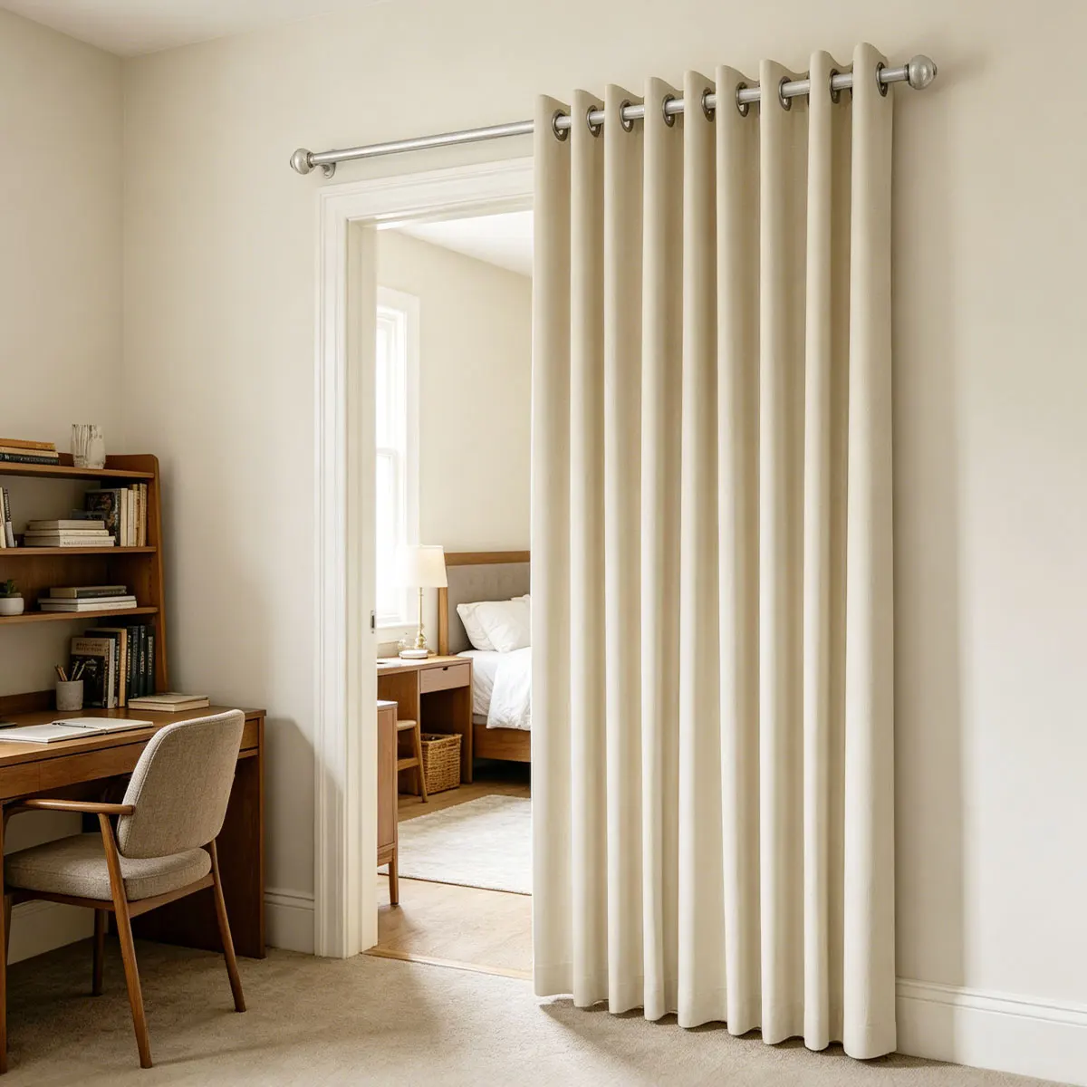 Beige High‑Density Grommet Room Divider Curtain 1pc, Solid Privacy Partition Drape for Closet Bedroom Doorway