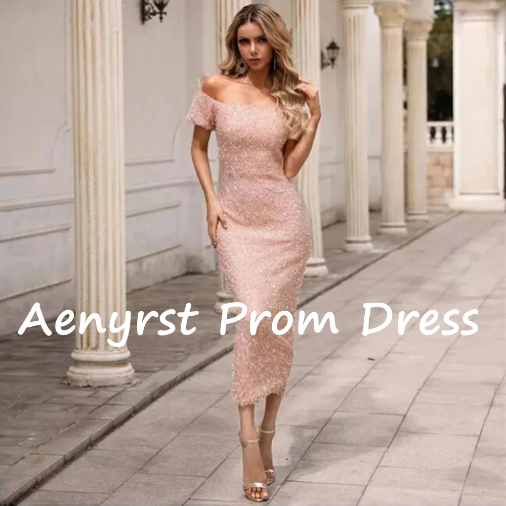 Aenyrst Shiny Off the Shoulder Sequined Saudi Arabia Prom Dresses Mermaid Bodycon Evening Gowns Tea Length Formal Party Dress