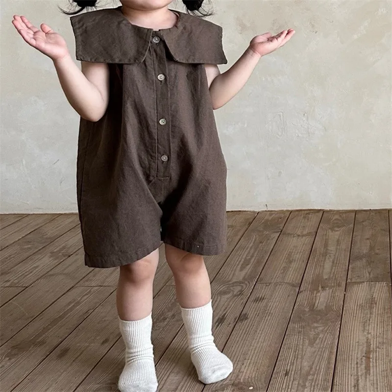 

2025 Summer New Baby Sleeveless Short Jumpsuits Solid Toddler Boy Girl Fashion Casual Overalls Cotton Large Lapel Kids Clothes
