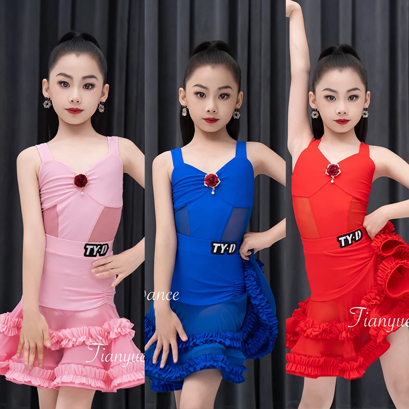 

Latin Dance Clothes Girls Competition Dress Professional Dance Costume Cha Cha Rumba Dance Dress Red Practice Clothing DNV24138