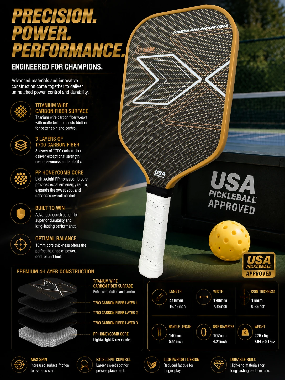 Titanium Pickleball Paddle with Four-Layer Carbon Fiber And PP Honeycomb Core Rough Frosted Cloth Surface for Enhanced Grip