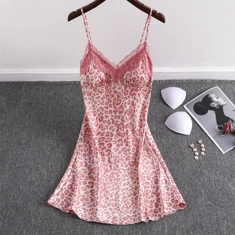Women's Sexy Leopard Print Sleep Dress V-Neck Lace Suspenders Nightwear Female Summer Backless Sleepwear Mini Dress