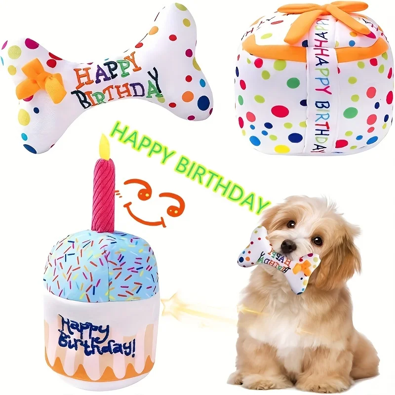 Cat and Dog Pet birthday cake gift box chewing teeth toy puppy plush voice to relieve boredom doll