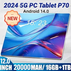 2024 글로벌 버전 와이파이 블루투스 태블릿 PC 네트워크, 5G 태블릿 P70, 안드로이드 14.0, 20000 mAh, 12 인치, 16GB, 1TB, 듀얼 SIM, 10 코어, 신제품