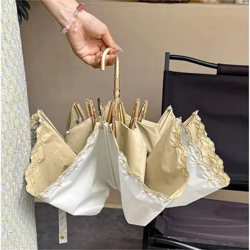 1pc Embroidered Sun Umbrella for Women Sun Protection and UV Protection All-weather Curved Hook Umbrella Folding Umbrella