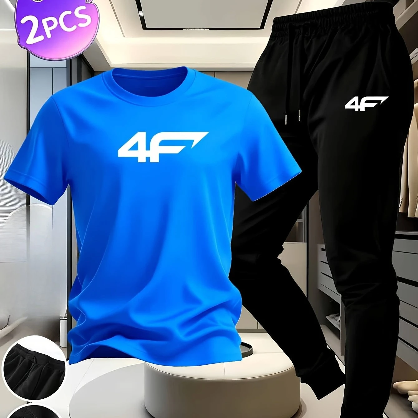 

Light exercise men's printed short-sleeved set - multi-color cotton t-shirt paired with thin drawstring-cuffed long pants set