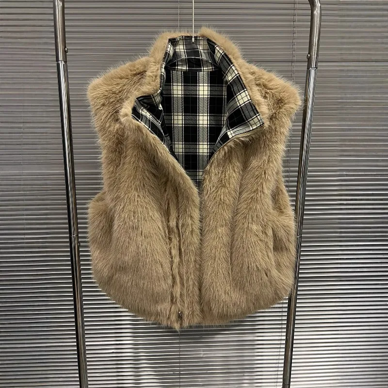 Lapel Faux Fur Vest Two Side Wear Sleeveless Checkered Furry Jackets Fluffy Zipper Warm Thick Luxury Plush Coats Faux Fox Casual