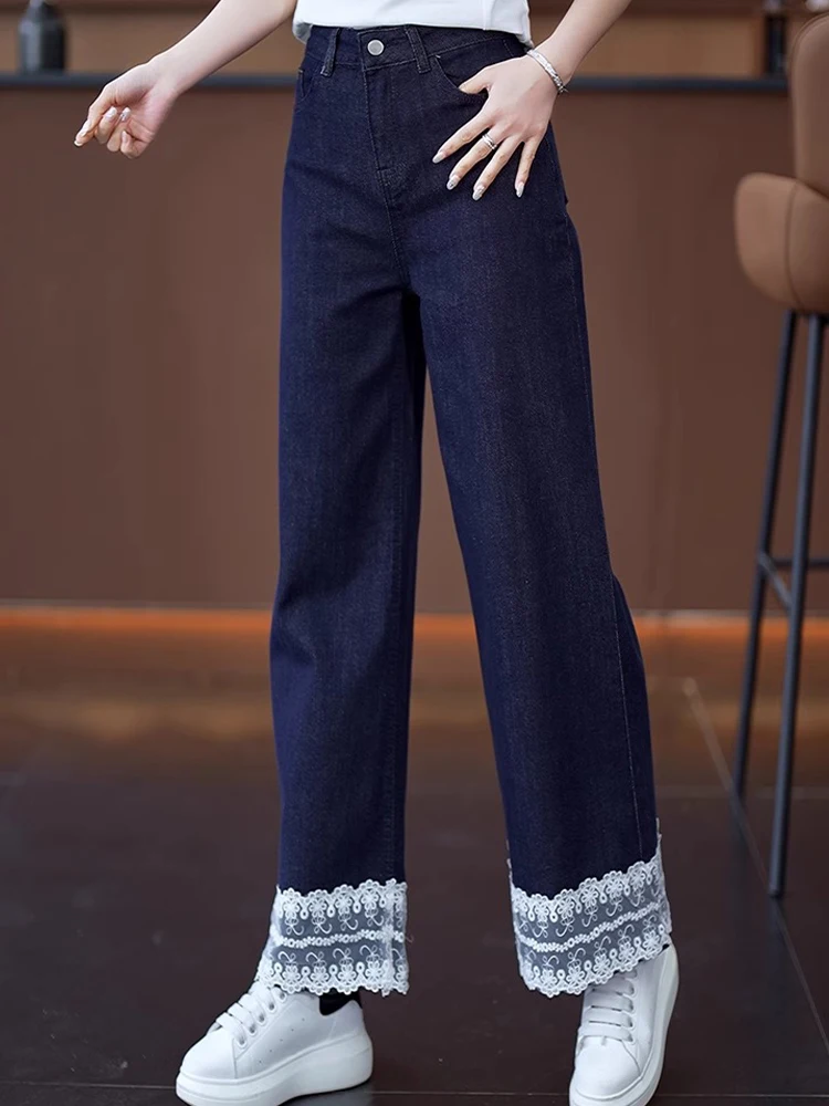 

Модные джинсы с кружевными вставками, прямые, женские, с высокой талией, облегающие, драпирующиеся, повседневные, широкие брюки, осень 2025, новинка