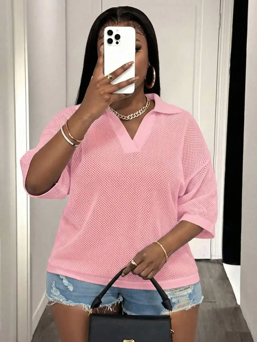 

Loose Fit Pink V-Neck Mesh Dolman Sleeve Hollow Out Casual Top For Women