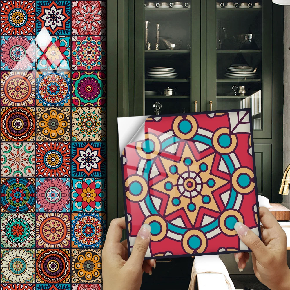 16pcs Colourful Mandala Style Tiles Wall Sticker Kitchen Backsplash Oil-proof Peel & Stick Home Decor Waterproof Art Wall Decals