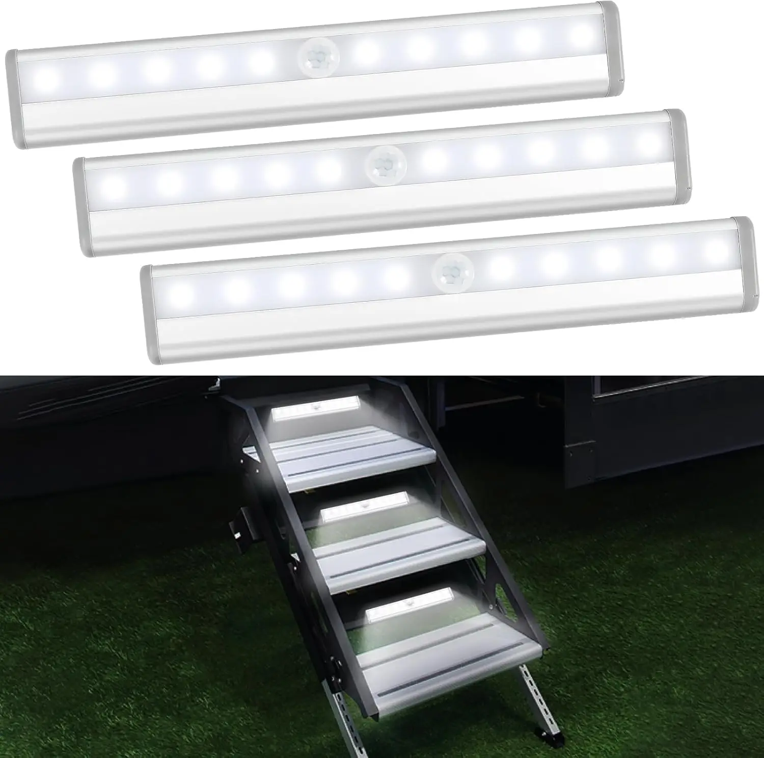 3 Pack Motion Sensor RV Step Lights, 10 LED Battery Operated Motorhome Motion Activated Light Strip