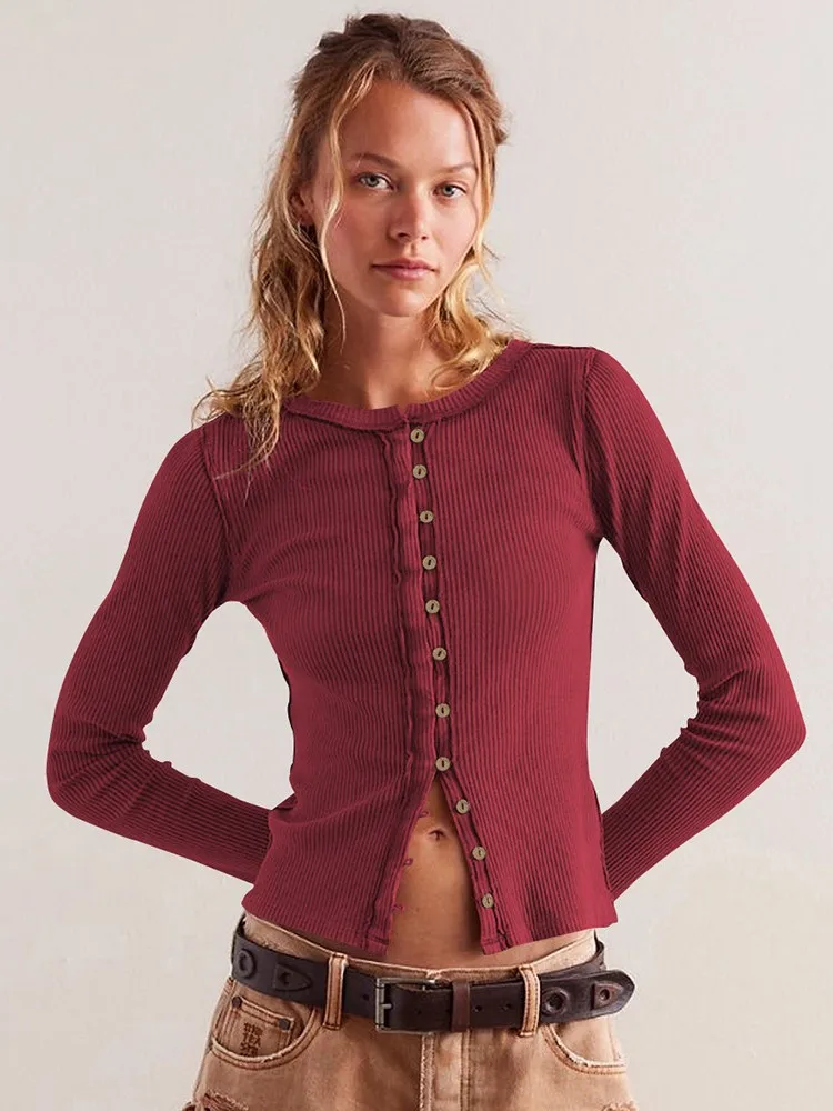 

Women's Long Sleeve Round Neck Button Solid Color Cardigan Jacket For Women Commuting Temperament Simple Style All-match Trendy