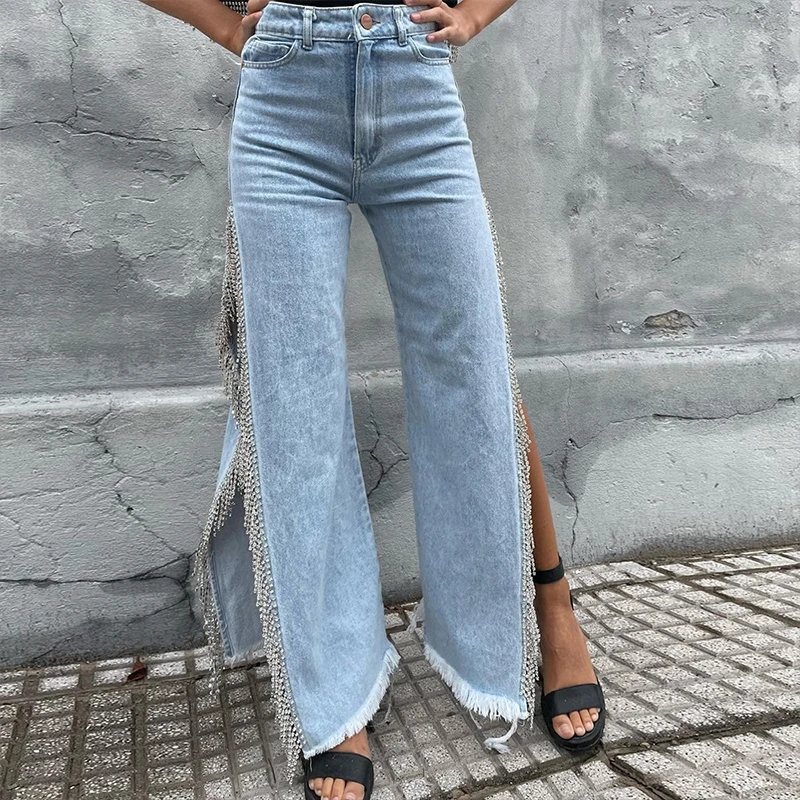 OMSJ Chic High-waist Side Split Tassel Rhinestone Chain Trim Straight Straight Pockets Denim Pants Personalized Trend Streetwear