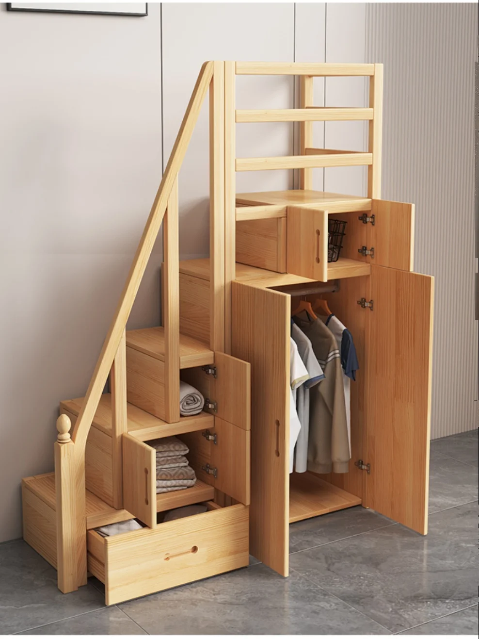 Solid wood multi-function with wardrobe, stair cabinet, stair cabinet, stool, drawer locker, custom factory direct sales