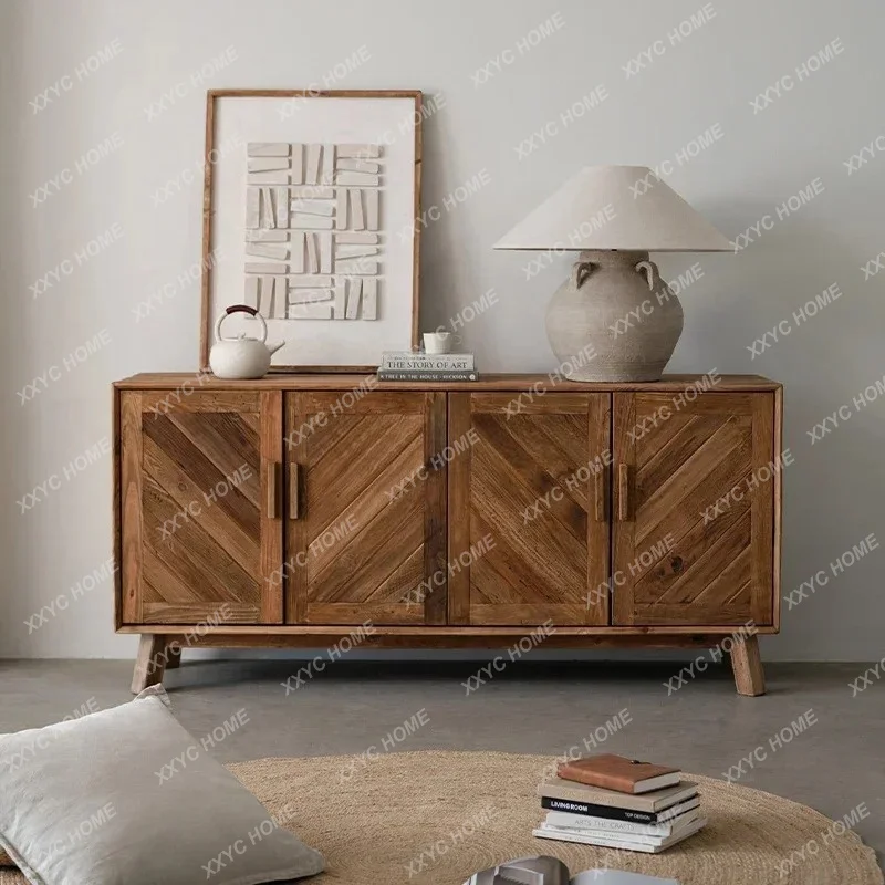 SL12Wabi-Sabi Style Solid Wood Spliced Sideboard Four-Door Storage Vintage Old Pine Entrance Cabinet