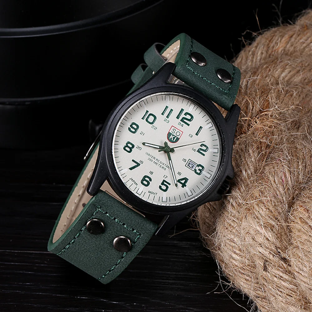 2024 Vintage Classic Stainless Steel Waterproof Date Leather Strap Men Watch Sport Quartz Army Fashion Digital Clock