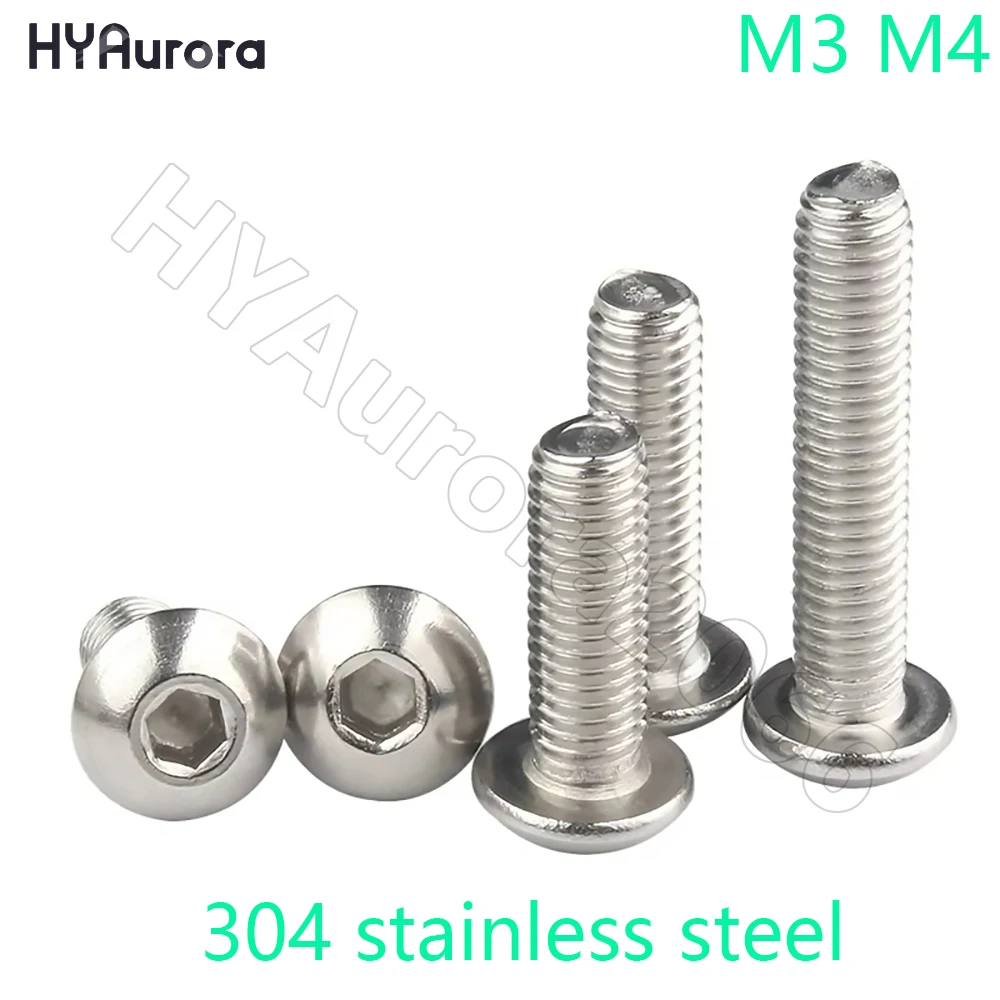 M3 M4 304 Stainless Steel A2-70 Hex Socket Button Head Screws, ISO7380 Standard, Length 3-140mm, Corrosion Resistance