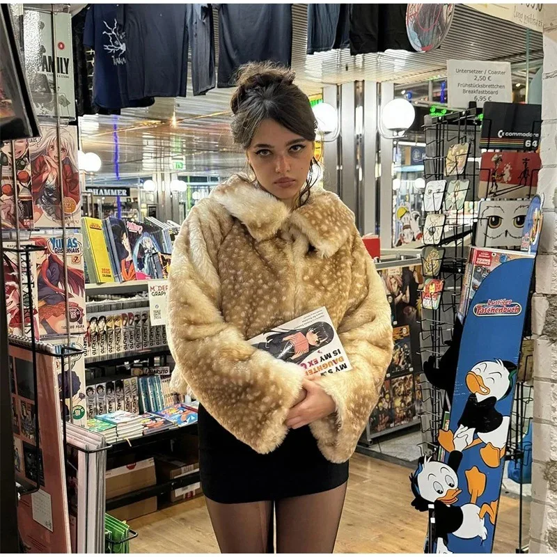 Clothland Women Retro Animal Print Fur Coat Long Sleeve Turn Down Collar Female Vintage Jacket Mujer CB364