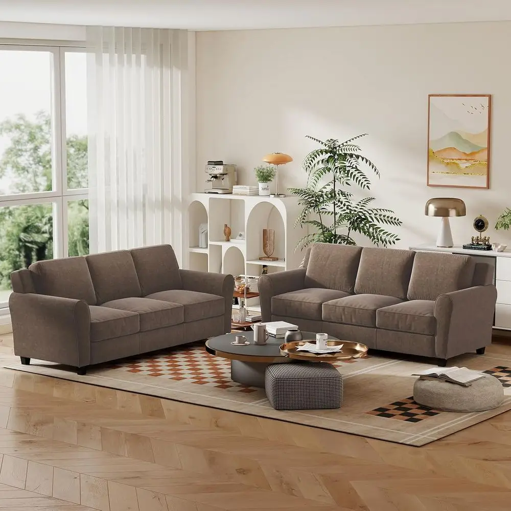 

2-Piece Sofa Set, 3-Seater Couch, Comfortable Sofa with Thick Cushions for Living Room, Brown