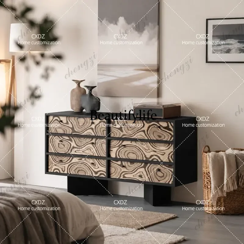 CQY Medieval Style Six Bucket Cabinet Living Room Side Table Bedroom Storage Unit Black Art Tree Bark Design Solid Wood Locker