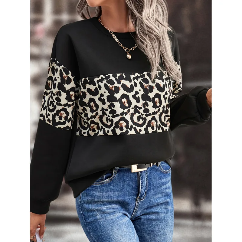 2023 New Autumn Fashion Print Loose Round Neck Leopard Print Long Sleeved Temperament Commuting Women\'s Loose Casual Sweater