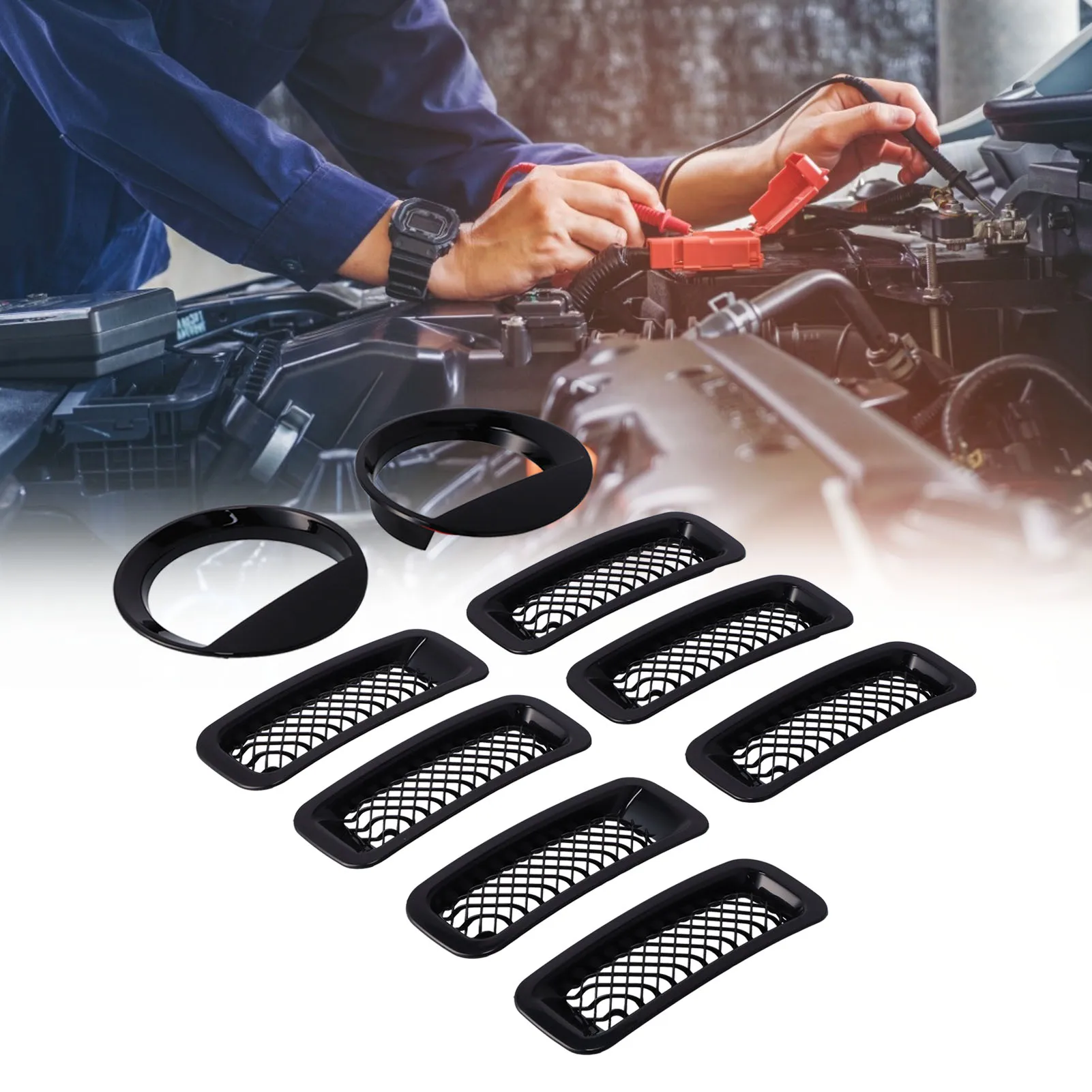 Front Mesh Grille Inserts Headlight Trim Rings Kit Decoration Fit for Jeep Patriot 2011 2012 2013 2014 2015 2016