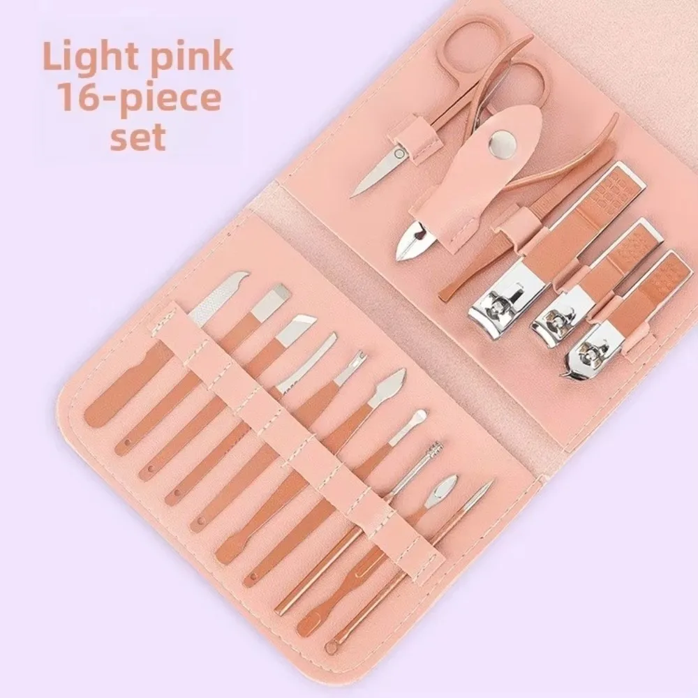 Set di tagliaunghie professionali in acciaio inossidabile da 16 pezzi con custodia da viaggio Set di pedicure con borsa in PU Borsa pieghevole verde matcha viola
