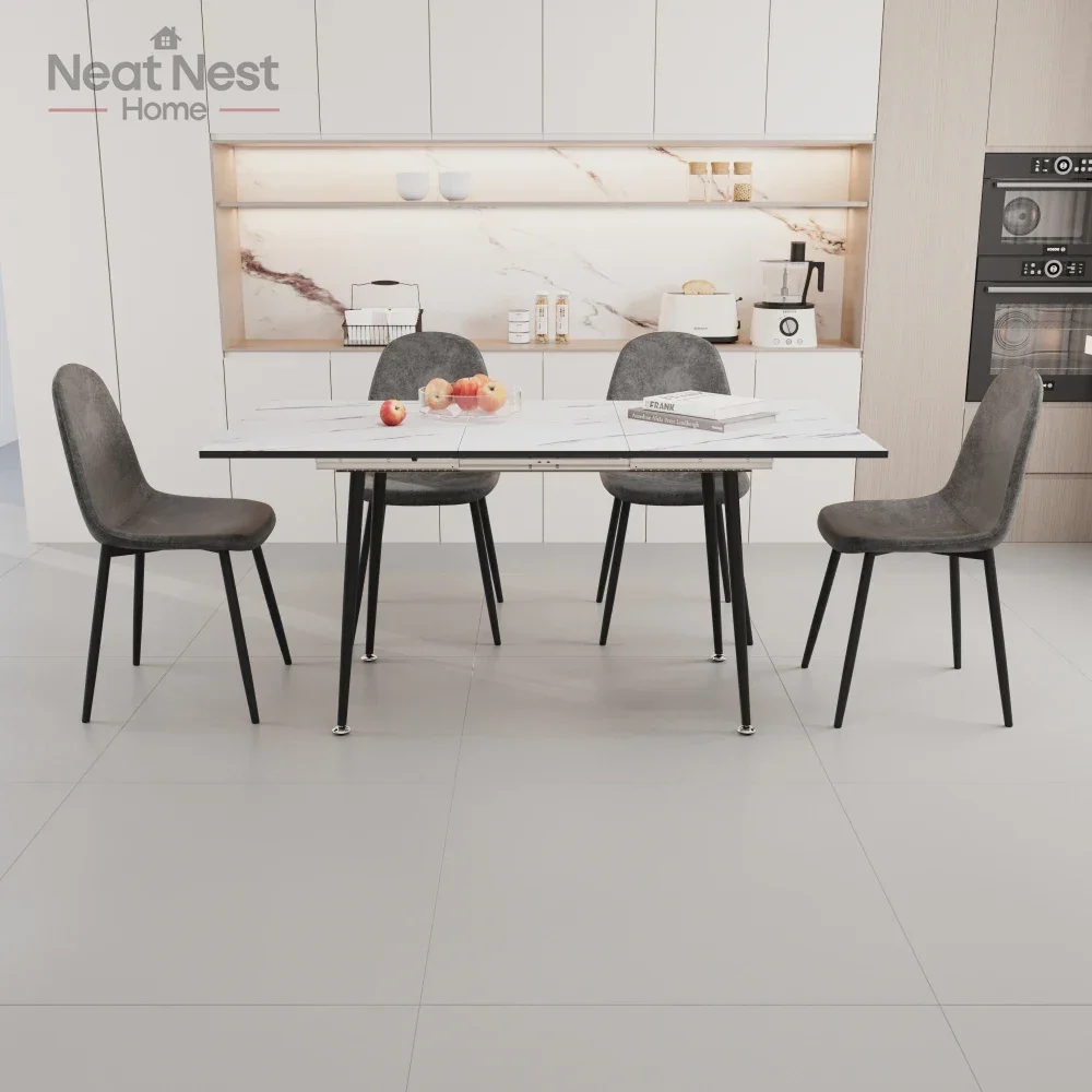 

47"-63" extendable MDF modern dining table and chair set, white dining table and modern grey round dining chair 4-piece set