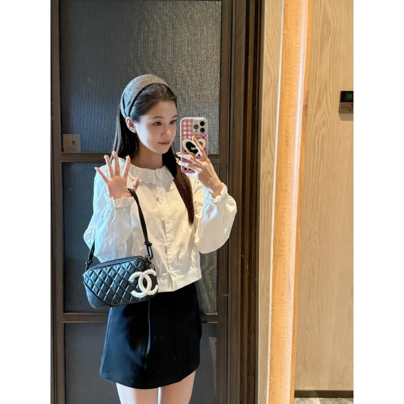 

Женская рубашка с воротником-стойкой и кружевной отделкой, осенняя, из хлопка и полиэстера, с длинным рукавом, свободного кроя, для делового и повседневного стиля