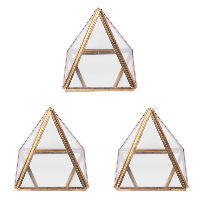 

【Superdeals】3X Glass Jewelry Box Golden Geometric Decorative Box Geometric Glass Pyramid Ring Holders For Wedding Birthday Gift