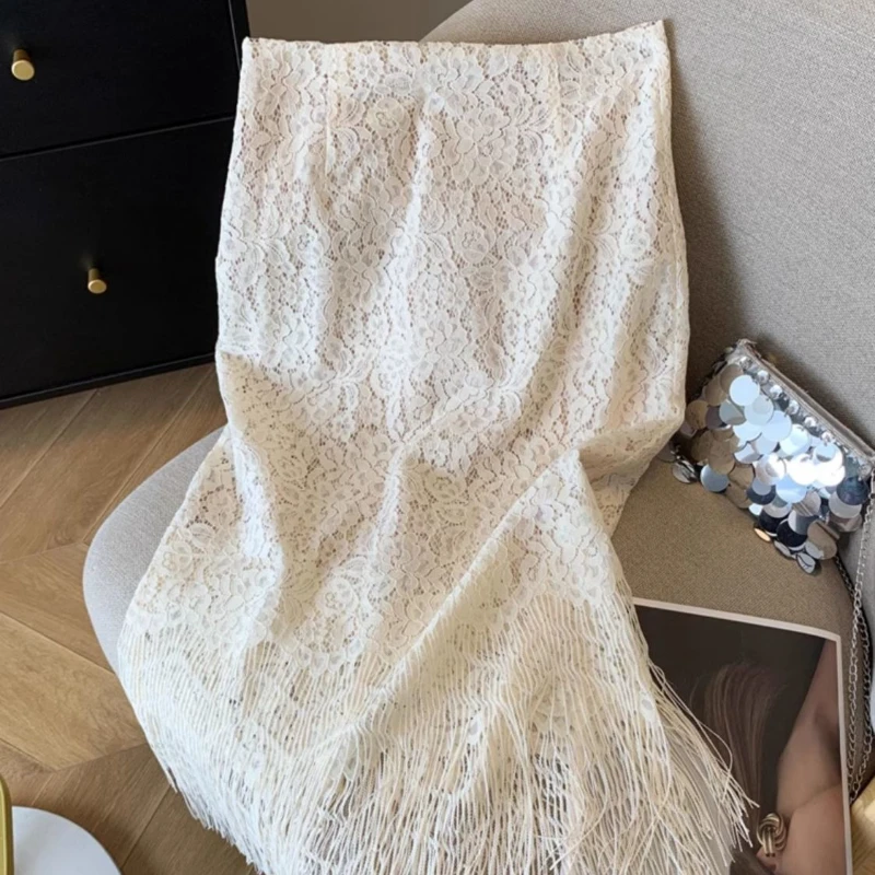 2025 Spring Summer Women High Waisted Beige Lace Tassel Irregular Pencil Skirt , Woman Fashion French Slim Skirts