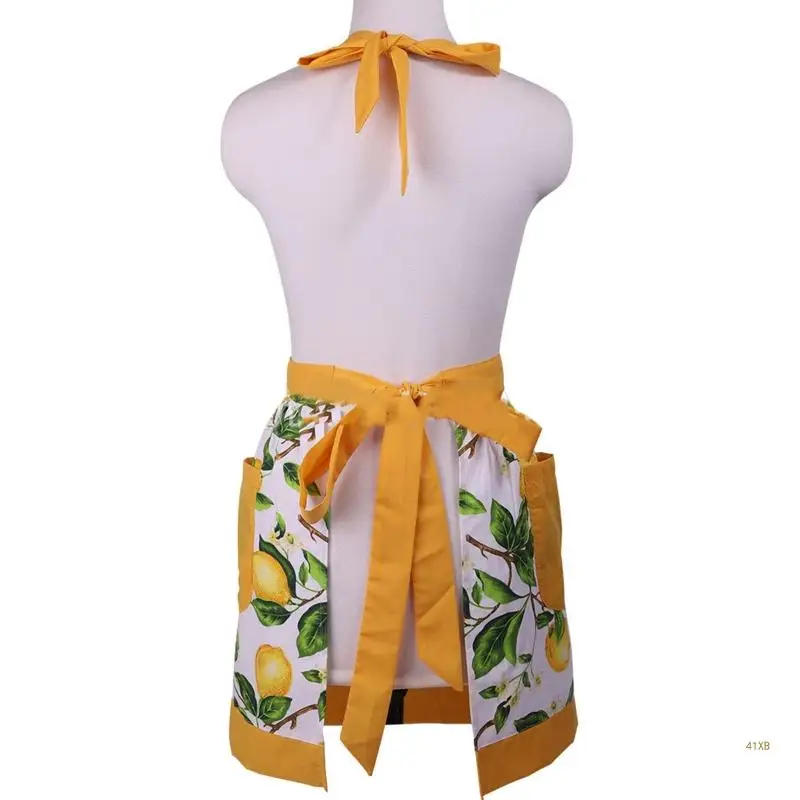 41XB Green Leaves Lemon Kitchen Apron with Pockets No Sleeve Hanging Neck Waist Strap for Adults Women Cooking Painting Cotton