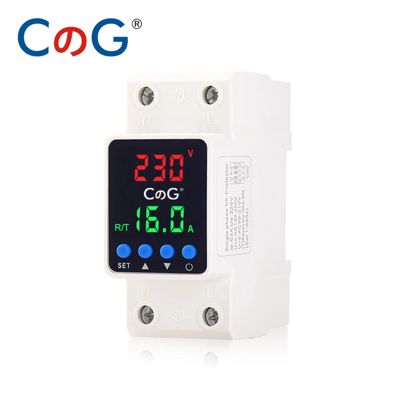 CG 40A 63A DIN Rail Digital Display Over Under Voltage Current Protector AC 220V Adjustable Voltage Protector Protection Relay