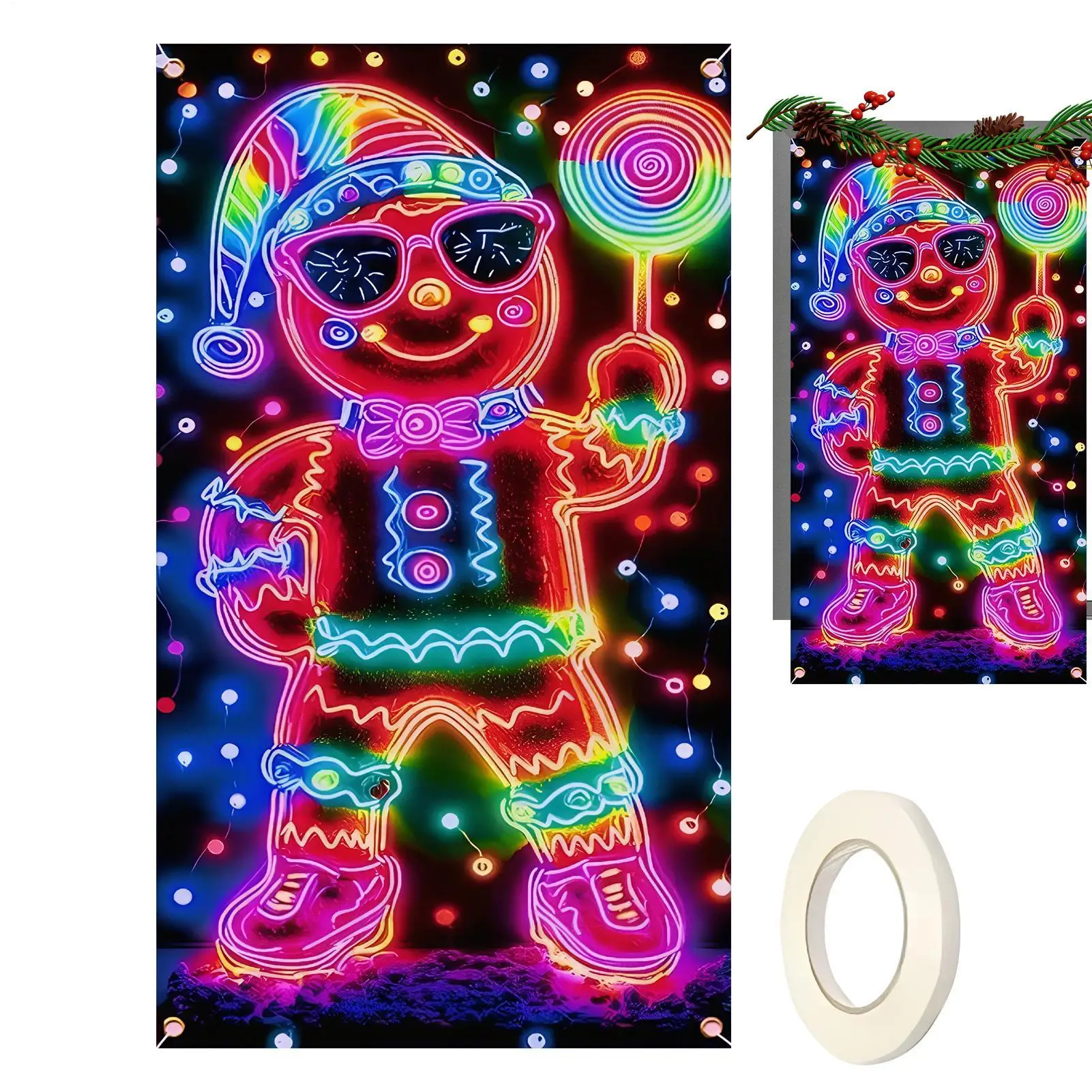 Cubierta navideña para puerta delantera, letrero fluorescente de 70x35 pulgadas, cubierta decorativa navideña para puerta delantera, porche, granja, interior y exterior