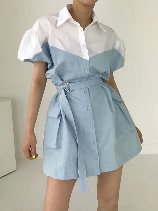 Vestido de manga corta con cuello tipo  para mujer, falda con cinturón y empalme a cuadros, estilo de viaje, moda de ...