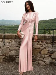 DGLUKE New In Long Sleeve Maxi Dresses For Women O-Neck High Waist Draped Long Dress Elegant Evening Party Dresses Pink Red