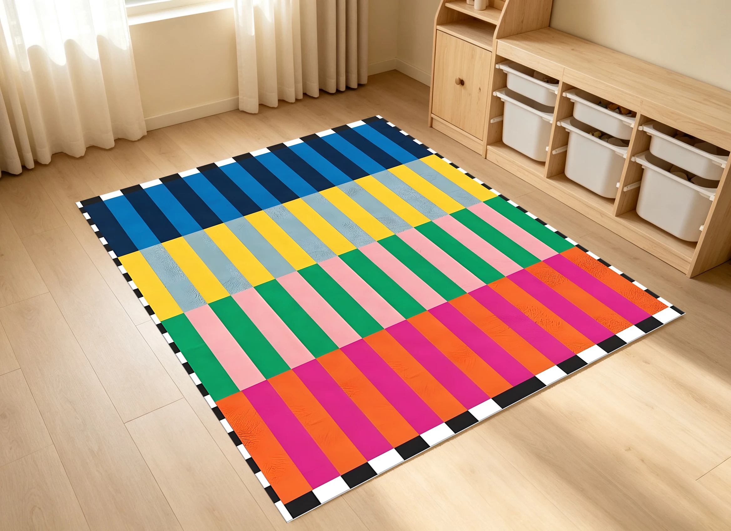 2D Large Rug with Contrasting Color Stripes & Checkerboard Pattern, Trendy & Stylish, Soft & Comfortable, for Living Rooms &