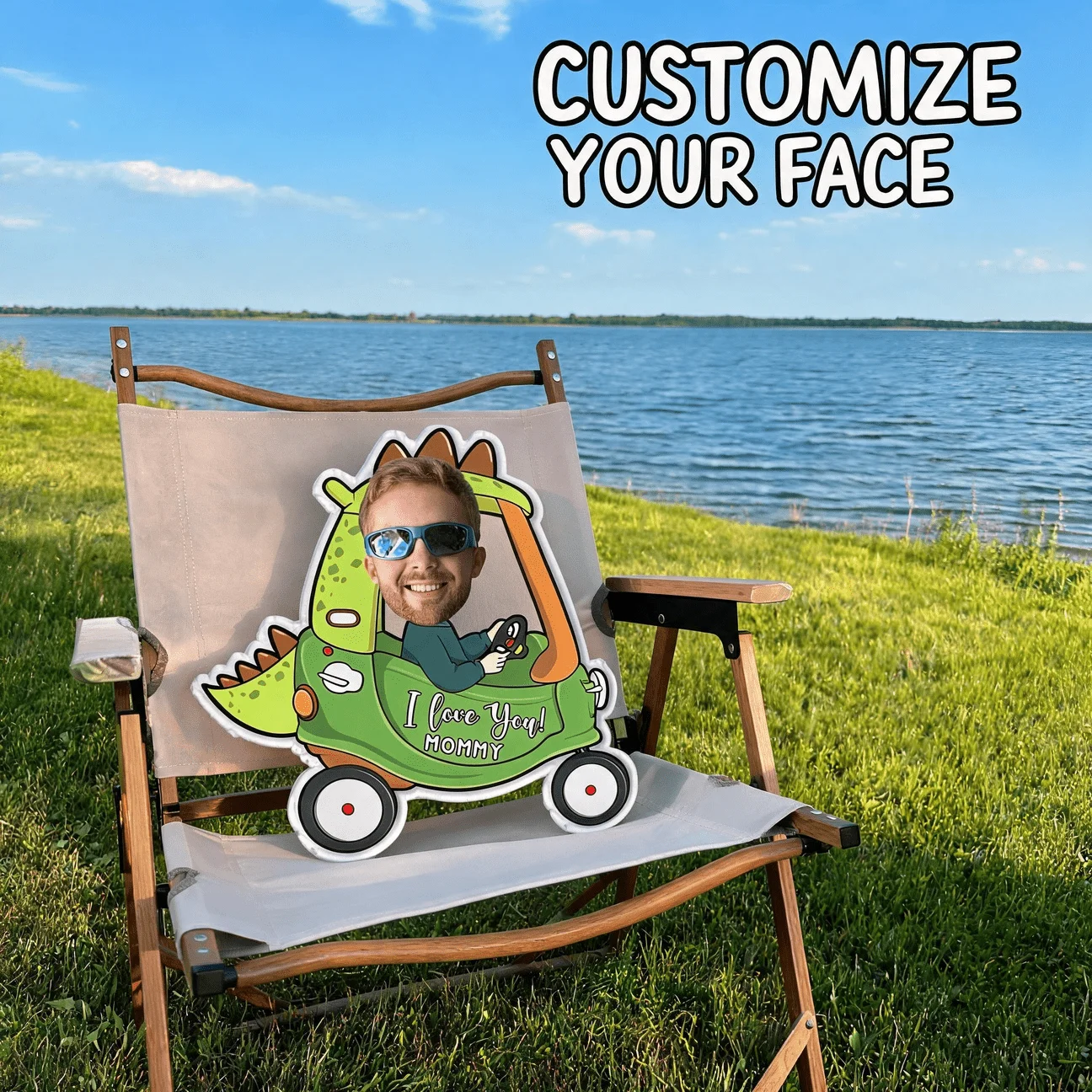 Custom Photo Face in Dinosaur Car Shaped Pillow, Personalized Funny Decorative Cushion with Sunglasses, Unique Home Decor Gift f