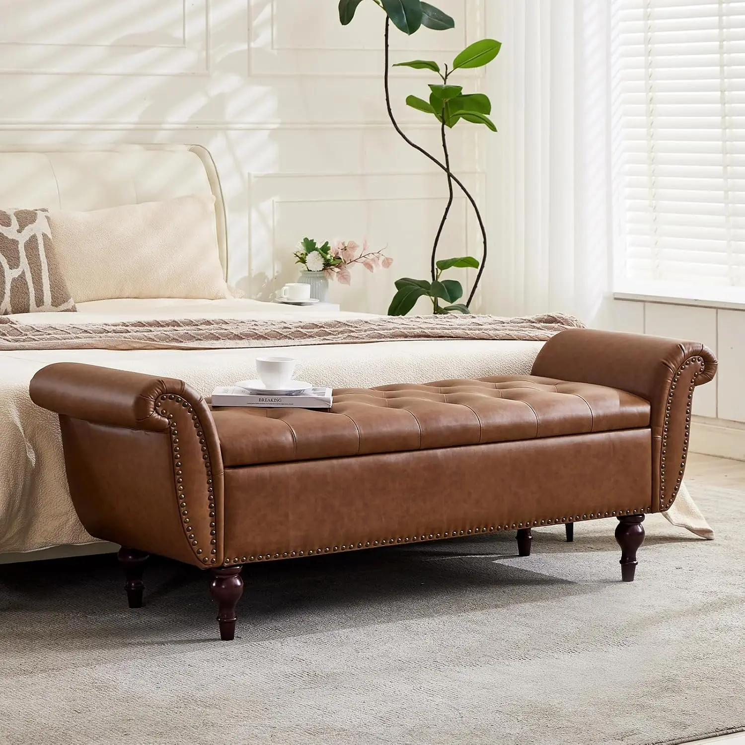 Upholstered Ottoman Foot Rest With Rolled Arms For Bedroom Living Room Holds Up To 700 Lb Brown