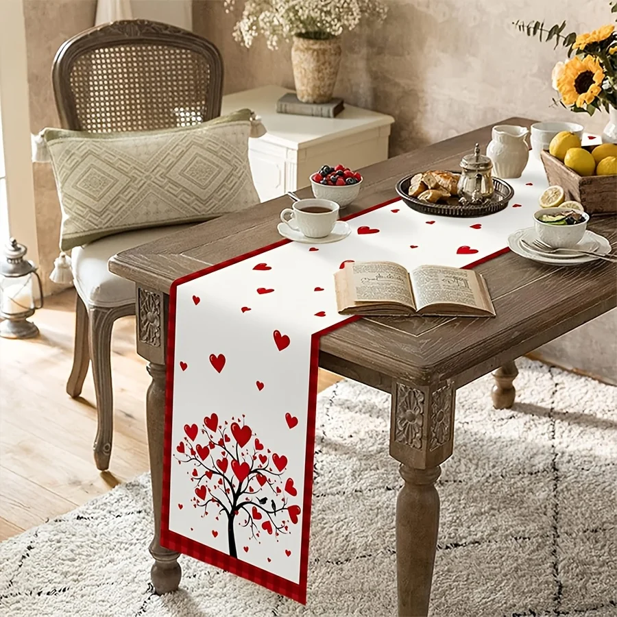 1 Piece Valentine's Day Table Runner with Heart Tree and Bird Pattern Tablecloth, Suitable for Dinner Parties, Holiday Parties, Family Gatherings, Children's Activities, Themed Cafes, Home Decoration, Christmas Markets, Cozy Tea Parties