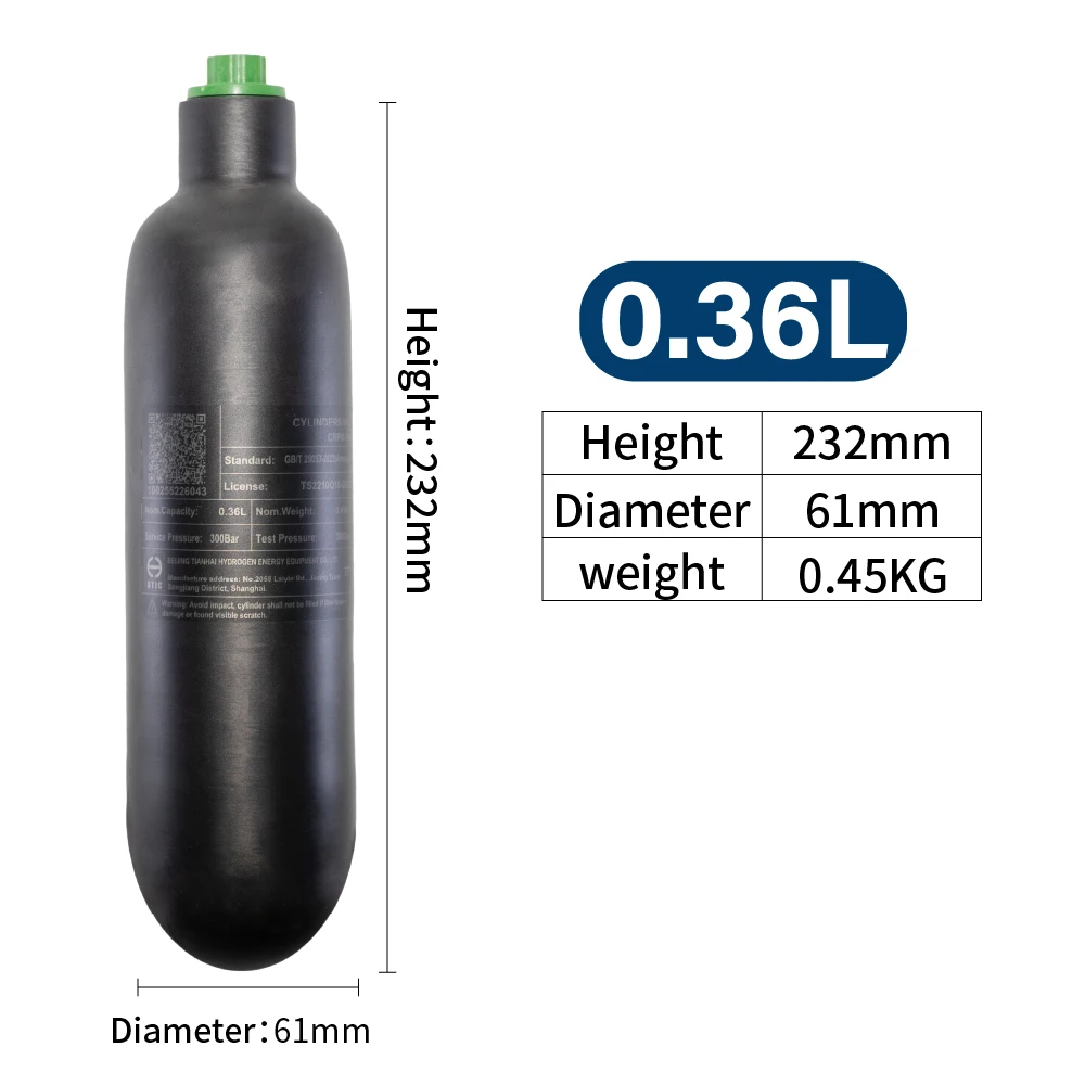 0.36L/360cc, 0.42L/420cc, 0.5L/500cc 4500PSI 300BAR 30MPA nuevo tanque de aire de fibra de carbono M18 * 1,5 HPA tanque de buceo de Gas de alta presión